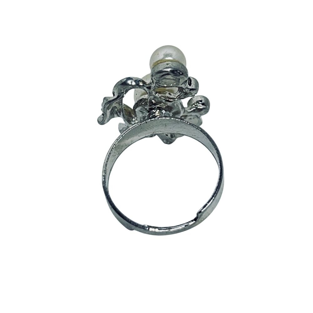 Silver Tone And Rhinestone With 2 Faux Pearls Ribbon Ring (R434) - Picture 7 of 8
